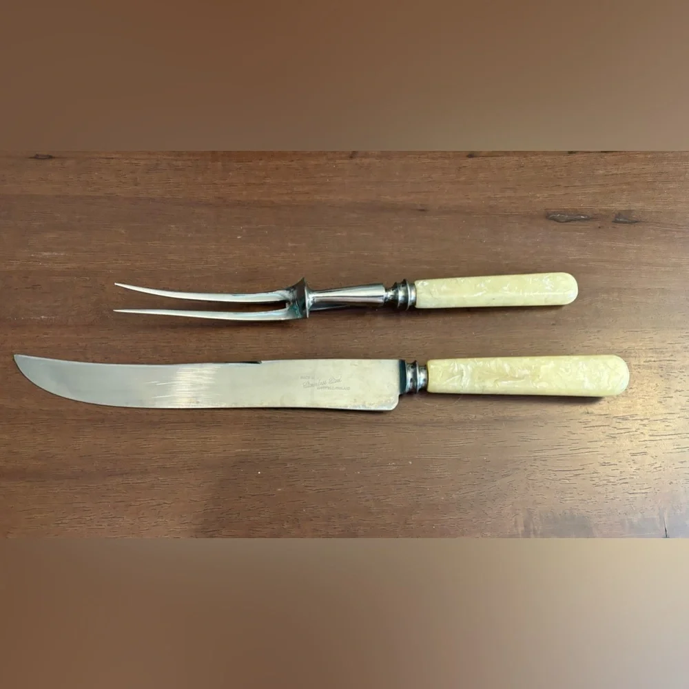 Vintage Carving Set Bakelite Handles Stainless‎ Steel Sheffield Knife Fork Stand